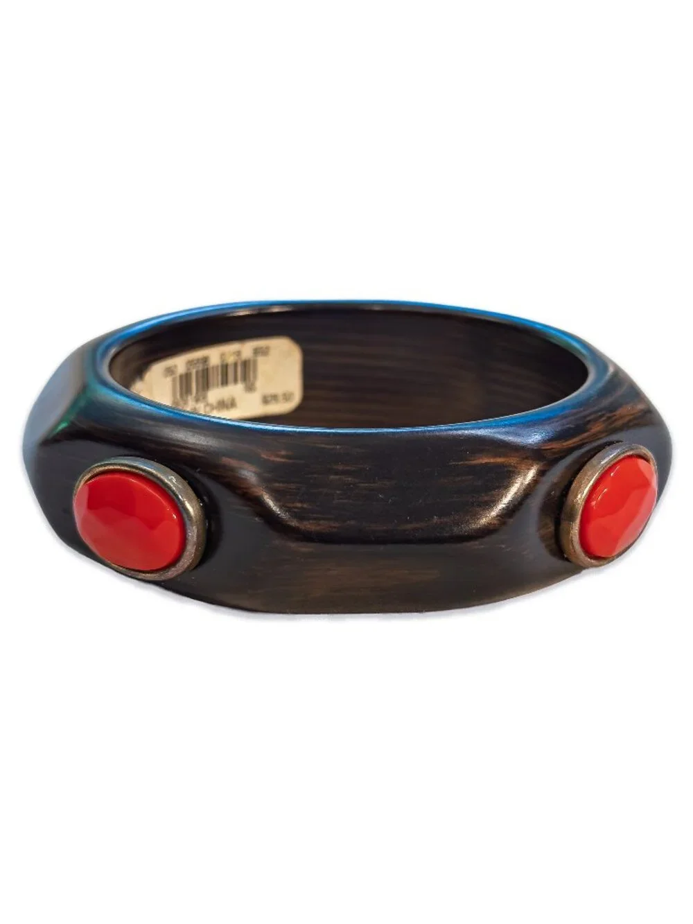 Lucite Faux Wood Bangle Fashion Bracelet with Red Cabochon Inlays